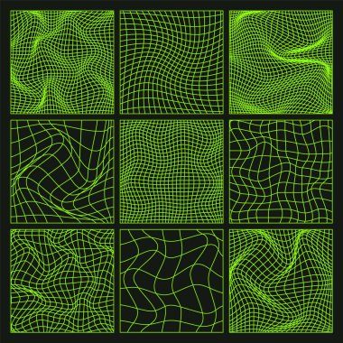 Kablo çerçeve şekilleri, çizgili perspektif örgüsü, üç boyutlu ızgara. Düşük polimetrik elementler. Retro gelecek tasarım elementleri, y2k, buhar dalgası ve sentetik dalga tarzı. Vektör illüstrasyonu.