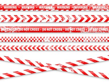 Eski grunge barikat bandı. Kırmızı polis uyarı hattı, parlak renkli tehlike ya da tehlikeli şerit, şerit. Yasak bölge, yasak bölge. Dikkat sembolü. Vektör illüstrasyonu.