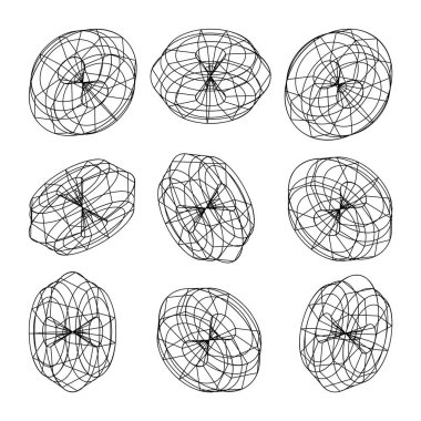 Kablo çerçeveli şekiller. Perspektif ağı, 3 boyutlu ızgara. Düşük polimetrik elementler. Retro gelecek tasarım elementleri, y2k, buhar dalgası ve sentetik dalga tarzı. Vektör illüstrasyonu.