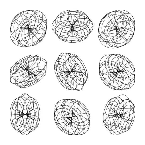 Kablo çerçeveli şekiller. Perspektif ağı, 3 boyutlu ızgara. Düşük polimetrik elementler. Retro gelecek tasarım elementleri, y2k, buhar dalgası ve sentetik dalga tarzı. Vektör illüstrasyonu.
