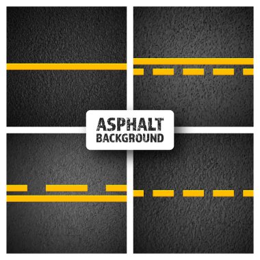 Sarı şerit işaretli asfalt yol, beton yol yüzeyi, doku. Sokak trafiği, yol ayırma şeridi. Kum tanecikli desen, grunge taşı arkaplan. Vektör illüstrasyonu.