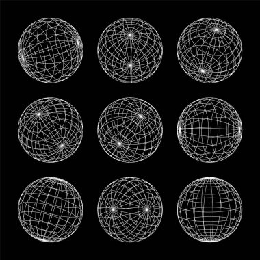 Kablo çerçeve şekilleri, çizgili küre. Perspektif ağı, 3 boyutlu ızgara. Düşük polimetrik elementler. Retro gelecek tasarım elementleri, y2k, buhar dalgası ve sentetik dalga tarzı. Vektör illüstrasyonu.