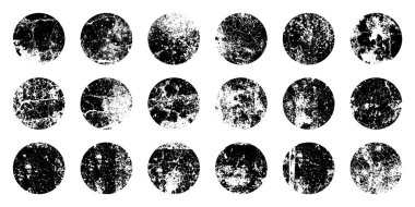 Grunge lekeler ve çiziklerle daireler çiziyor. Çember fırça darbesi, yuvarlak şekil tasarım elementi. Sıkıntılı kirli metin çerçevesi, sınır, çıkartma ya da etiket. Boya fırçası, mürekkep lekeleri. Vektör illüstrasyonu.