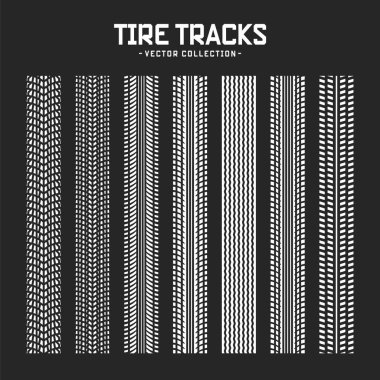 Lastik izleri, tekerlek fren izleri. Kamyon, araba ya da motosiklet lastiği siluetleri. Araba yarışı, motor sporu, hız yarışı tasarım unsuru. Vektör illüstrasyonu.