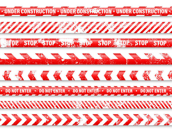 Old grunge barricade construction tape. Red police warning line, brightly colored danger or hazard stripe, ribbon. Restricted area, zone. Attention symbol. Vector illustration.