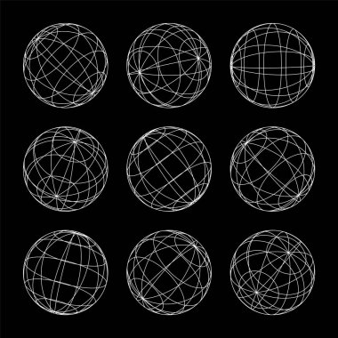 Kablo çerçeve şekilleri, çizgili küre. Perspektif ağı, 3 boyutlu ızgara. Düşük polimetrik elementler. Retro gelecek tasarım elementleri, y2k, buhar dalgası ve sentetik dalga tarzı. Vektör illüstrasyonu.