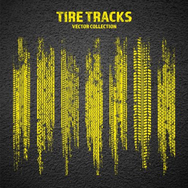Sarı grunge lastik izleri, tekerlek fren izleri. Kamyon, araba ya da motosiklet lastiği siluetleri. Araba yarışı, motor sporu, hız yarışı tasarım unsuru. Asfalt dokusu. Vektör illüstrasyonu.
