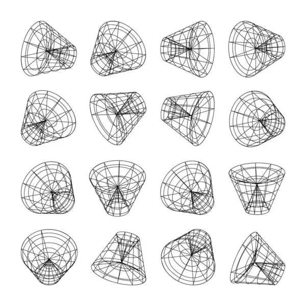Kablo çerçeveli şekiller. Perspektif ağı, 3 boyutlu ızgara. Düşük polimetrik elementler. Retro gelecek tasarım elementleri, y2k, buhar dalgası ve sentetik dalga tarzı. Vektör illüstrasyonu.