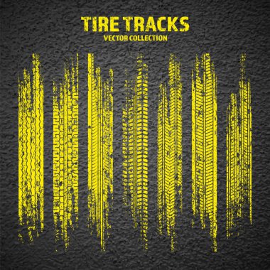 Sarı grunge lastik izleri, tekerlek fren izleri. Kamyon, araba ya da motosiklet lastiği siluetleri. Araba yarışı, motor sporu, hız yarışı tasarım unsuru. Asfalt dokusu. Vektör illüstrasyonu.