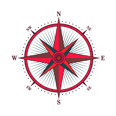 Klasik deniz rüzgârı yükseldi, deniz haritası. Kuzey, Doğu, Güney, Batı yönlerinin başlıca yönlerini gösteren renkli yön bulucu pusula. Coğrafi konum, haritacılık ve navigasyon. Vektör illüstrasyonu.