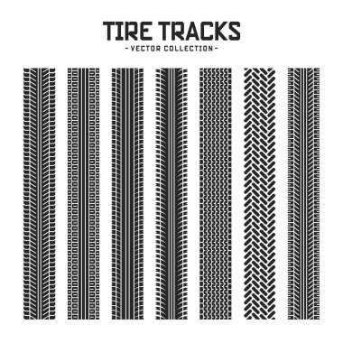 Lastik izleri, tekerlek fren izleri. Kamyon, araba ya da motosiklet lastiği siluetleri. Araba yarışı, motor sporu, hız yarışı tasarım unsuru. Vektör illüstrasyonu.