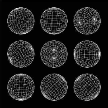 Kablo çerçeve şekilleri, çizgili küre. Perspektif ağı, 3 boyutlu ızgara. Düşük polimetrik elementler. Retro gelecek tasarım elementleri, y2k, buhar dalgası ve sentetik dalga tarzı. Vektör illüstrasyonu.