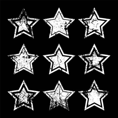 Çatlak ve lekeli klasik yıldızlar. Eski el çizimi, beyaz, basit şekil. Retro tasarım elementi sıkıntılı efekt, grunge doku. Vektör illüstrasyonu.