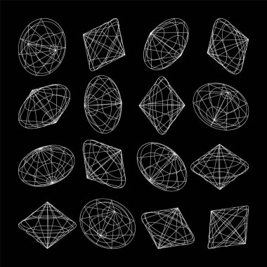 Kablo çerçeveli şekiller. Perspektif ağı, 3 boyutlu ızgara. Düşük polimetrik elementler. Retro gelecek tasarım elementleri, y2k, buhar dalgası ve sentetik dalga tarzı. Vektör illüstrasyonu.