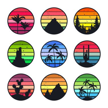Grunge klasik günbatımı koleksiyonu. 80 'ler ve 90' lar tarzında renkli çizgili gündoğumu rozetleri. Güneş ve okyanus manzarası, yaz atmosferi, sörf. Baskı, logo ya da tişört için tasarım elemanı. Vektör illüstrasyonu.