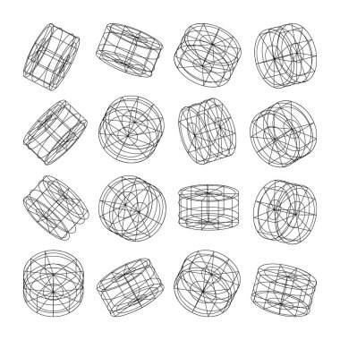 Kablo çerçeveli şekiller. Perspektif ağı, 3 boyutlu ızgara. Düşük polimetrik elementler. Retro gelecek tasarım elementleri, y2k, buhar dalgası ve sentetik dalga tarzı. Vektör illüstrasyonu.
