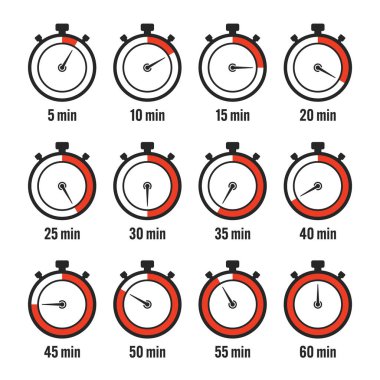 Kronometre simgeleri. Renkli basit kronometre, çevirmeli zaman sayacı. Geri sayım saatleri ve dakikaları gösteriyor. Son teslim tarihi, spor için ölçü. Yemek pişirme zamanı etiketi, çıkartma. Vektör illüstrasyonu.