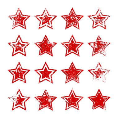 Kırık ve lekeli kırmızı klasik yıldızlar. Eski el yazısıyla çizilmiş, siyah basit bir şekil. Retro tasarım elementi sıkıntılı efekt, grunge doku. Vektör illüstrasyonu.