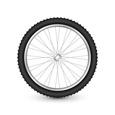 Gerçekçi 3 boyutlu bisiklet tekerleği. Bisiklet lastiği, parlak metal teller ve kenar. Spor, turne, spor, yol ve dağ bisikleti. Vektör illüstrasyonu.