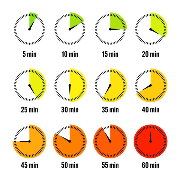 Basit kronometre simgeleri. Renkli kronometre, çevirmeli zaman sayacı. Geri sayım saatleri ve dakikaları gösteriyor. Son teslim tarihi, spor için ölçü. Yemek pişirme zamanı etiketi, çıkartma. Vektör illüstrasyonu.