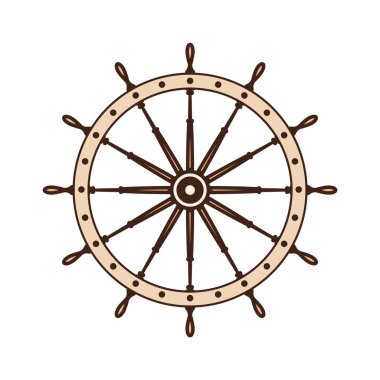 Tahta vintage direksiyon. Gemi, yelkenli ya da yat retro tekerlek sembolü. Denizci dümeni simgesi. Deniz logosu tasarım elementi. Vektör illüstrasyonu.