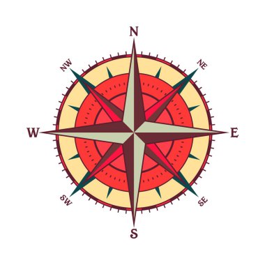 Klasik deniz rüzgârı yükseldi, deniz haritası. Kuzey, Doğu, Güney, Batı yönlerinin başlıca yönlerini gösteren renkli yön bulucu pusula. Coğrafi konum, haritacılık ve navigasyon. Vektör illüstrasyonu.