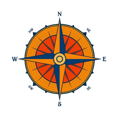Klasik deniz rüzgârı yükseldi, deniz haritası. Kuzey, Doğu, Güney, Batı yönlerinin başlıca yönlerini gösteren renkli yön bulucu pusula. Coğrafi konum, haritacılık ve navigasyon. Vektör illüstrasyonu.