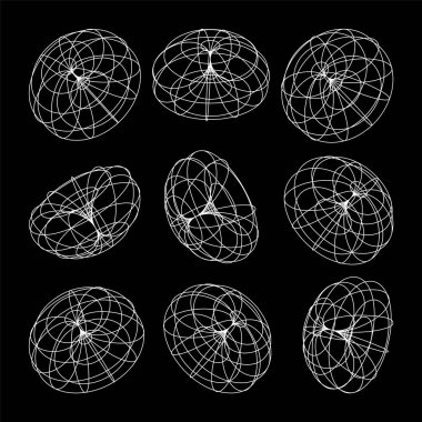 Kablo çerçeveli şekiller. Perspektif ağı, 3 boyutlu ızgara. Düşük polimetrik elementler. Retro gelecek tasarım elementleri, y2k, buhar dalgası ve sentetik dalga tarzı. Vektör illüstrasyonu.