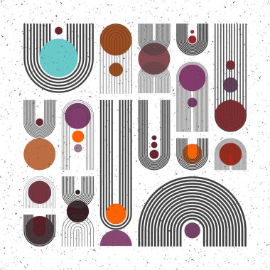 Yüzyılın ortası kemer, daire elementler, grunge dokulu modern geometrik şekiller. Çağdaş tasarım, minimalist sanat. Duvar dekorasyonu, posterler, kitaplar, kapaklar için moda tasarım öğeleri. Vektör illüstrasyonu.