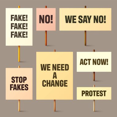 Ahşap tutacağında slogan olan renkli protesto tabelaları. Gerçekçi vektör gösterim pankartı. Eylem karton pano modellemesini sil.