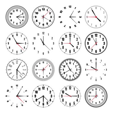 Ellerle mekanik saat yüzleri, bezel. Dakika, saat işaretleri, numaralar ve Arapça rakamlarla ara. Zamanlayıcı ya da kronometre elemanı. Daire ölçeğini bölümlerle ölçüyorum. Vektör illüstrasyonu.