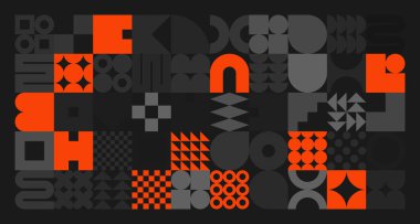 Acımasız geometrik şekiller, gri ve turuncu semboller. Basit ilkel elementler ve formlar. Retro tasarım, modaya uygun çağdaş minimalist tarz. Vektör illüstrasyonu.