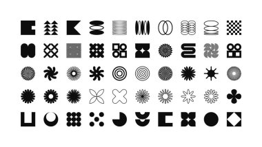 Acımasız geometrik şekiller, modern semboller. Basit ilkel elementler ve formlar. Retro tasarım, modern minimalist tarz, y2k. Vektör illüstrasyonu.