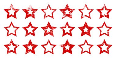 Kırık ve lekeli kırmızı klasik yıldızlar. Eski el yazısıyla çizilmiş, siyah basit bir şekil. Retro tasarım elementi sıkıntılı efekt, grunge doku. Vektör illüstrasyonu.