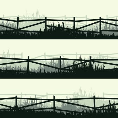 Çimenli ve eski ahşap çitli çayır siluetleri. Kırsal alan, panoramik yaz çimenliği kırsal alan otlar, yabani otlar. Bitki sınırı, çerçeve elementi. Yeşil yatay pankartlar. Vektör illüstrasyonu.