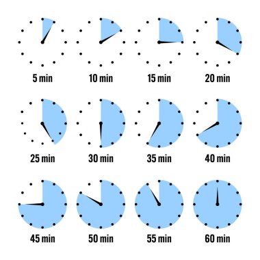 Basit kronometre simgeleri. Renkli kronometre, çevirmeli zaman sayacı. Geri sayım saatleri ve dakikaları gösteriyor. Son teslim tarihi, spor için ölçü. Yemek pişirme zamanı etiketi, çıkartma. Vektör illüstrasyonu.