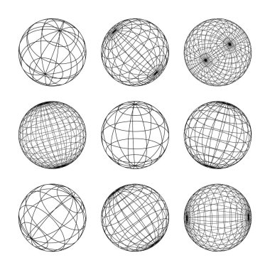 Kablo çerçeve şekilleri, çizgili küre. Perspektif ağı, 3 boyutlu ızgara. Düşük polimetrik elementler. Retro gelecek tasarım elementleri, y2k, buhar dalgası ve sentetik dalga tarzı. Vektör illüstrasyonu.