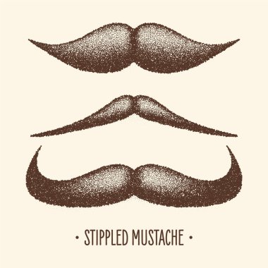 Kahverengi benekli klasik bıyık. Kıvırcık sakal. Hippi sakalı. Noktalama, nokta çizimi ve gölgeleme, noktalama izi, yarım ton etkisi. Vektör illüstrasyonu.