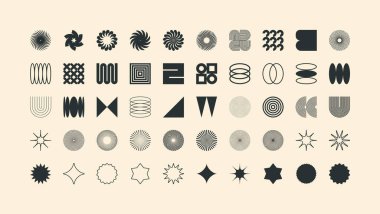 Acımasız geometrik şekiller, modern semboller. Basit ilkel elementler ve formlar. Retro tasarım, modern minimalist tarz, y2k. Vektör illüstrasyonu.