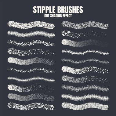 Noktalı fırça, mürekkep çizimi ve desen. Gittikçe azalıyor. Noktalama, noktalama çizimi, noktalar kullanarak gölgeleme. Yarım ton bozunma etkisi. Beyaz gürültü tanecikli doku. Vektör illüstrasyonu.