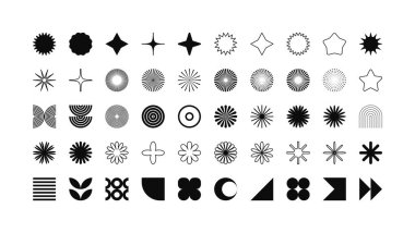 Acımasız geometrik şekiller, modern semboller. Basit ilkel elementler ve formlar. Retro tasarım, modern minimalist tarz, y2k. Vektör illüstrasyonu.