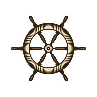 Tahta vintage direksiyon. Gemi, yelkenli ya da yat retro tekerlek sembolü. Denizci dümeni simgesi. Deniz logosu tasarım elementi. Vektör illüstrasyonu.