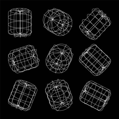 Kablo çerçeveli şekiller. Perspektif ağı, 3 boyutlu ızgara. Düşük polimetrik elementler. Retro gelecek tasarım elementleri, y2k, buhar dalgası ve sentetik dalga tarzı. Vektör illüstrasyonu.