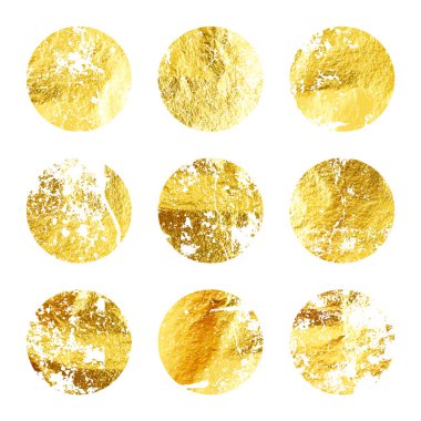 Grunge altın folyo, parlak el yapımı daireler. Altın parıltılı doku, desen. Şatafatlı, parlak arka plan çizimi. Düğün, tebrik kartı dekorasyonu. Modern sanat. Vektör illüstrasyonu.