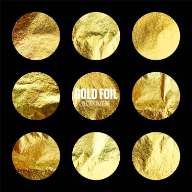 Altın folyo, parlak el yapımı daireler. Altın parıltılı doku, desen. Şatafatlı, parlak arka plan çizimi. Düğün, tebrik kartı dekorasyonu. Modern minimalist sanat. Vektör illüstrasyonu.