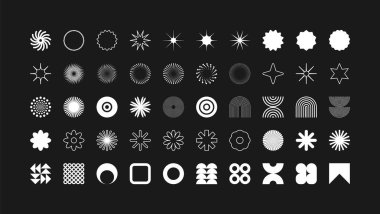 Acımasız geometrik şekiller, modern semboller. Basit ilkel elementler ve formlar. Retro tasarım, modern minimalist tarz, y2k. Vektör illüstrasyonu.