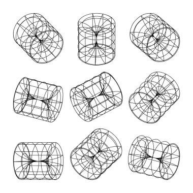 Kablo çerçeveli şekiller. Perspektif ağı, 3 boyutlu ızgara. Düşük polimetrik elementler. Retro gelecek tasarım elementleri, y2k, buhar dalgası ve sentetik dalga tarzı. Vektör illüstrasyonu.