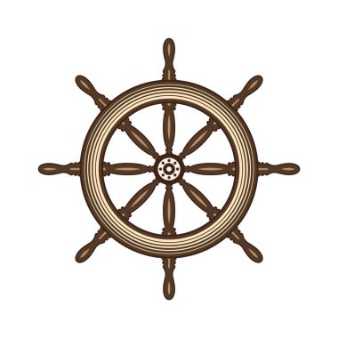 Tahta vintage direksiyon. Gemi, yelkenli ya da yat retro tekerlek sembolü. Denizci dümeni simgesi. Deniz logosu tasarım elementi. Vektör illüstrasyonu.