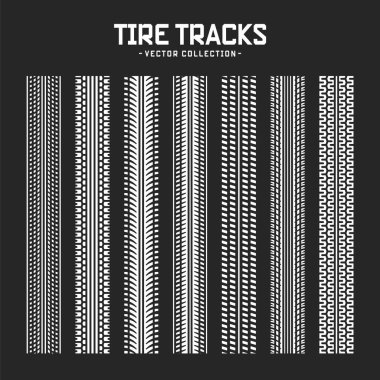 Lastik izleri, tekerlek fren izleri. Kamyon, araba ya da motosiklet lastiği siluetleri. Araba yarışı, motor sporu, hız yarışı tasarım unsuru. Vektör illüstrasyonu.