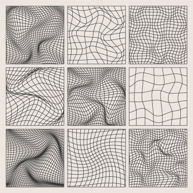 Kablo çerçeve şekilleri, çizgili perspektif örgüsü, üç boyutlu ızgara. Düşük polimetrik elementler. Retro gelecek tasarım elementleri, y2k, buhar dalgası ve sentetik dalga tarzı. Vektör illüstrasyonu.